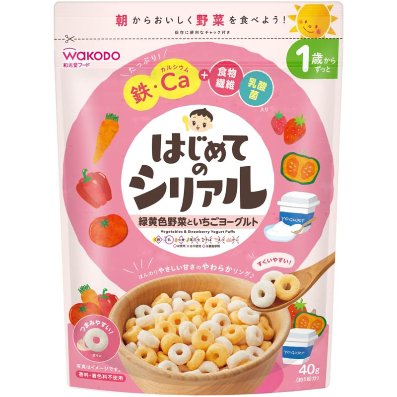 Wakodo First Cereal 绿色和黄色蔬菜和草莓酸奶 40g