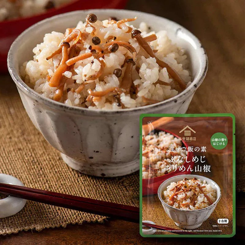 Kuze Fuku Shoten fk00280 Mixed Rice Mixer with Bunashimeji Mushrooms, Dried Chirimen Mushrooms, and Sansho Pepper, 150g (2 cups) [Retort Pouch]